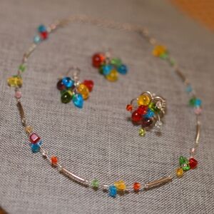 Colorful Necklace Ring and Earrings Set - Pre-loved (15"-19")